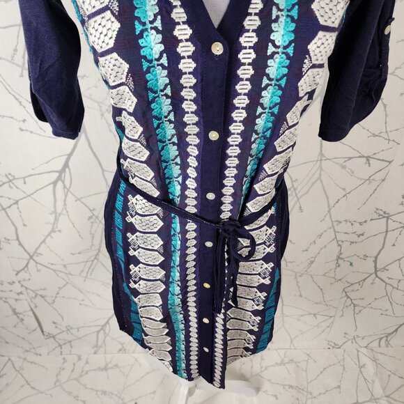 Tiny Navy Artsy Geometric Embroidered Button Up Nadia Shirt Dress - Picture 3 of 7